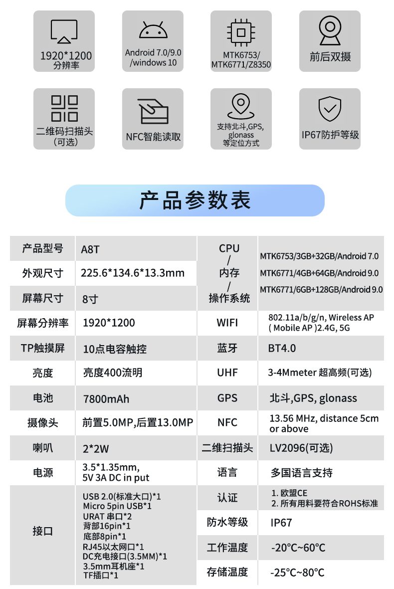 W88辰想八寸windows工业三防平板电脑,Z8350四核性能工业电脑